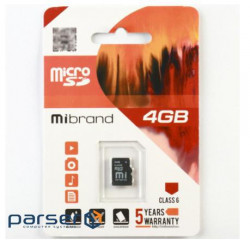 Карта памяти microSDHC, 4Gb, Class6, Mibrand, без адаптера (MICDC6/4GB)