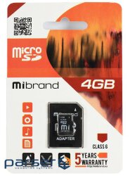 Карта памяти microSDHC, 4Gb, Class6, Mibrand, SD адаптер (MICDC6/4GB-A)